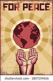 For Peace! Retro Soviet Propaganda Posters Style, Earth and Palms 