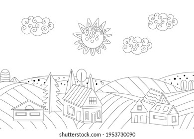 peace rural landscape with little houses for your coloring book