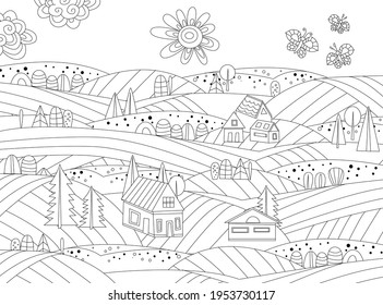 peace rural landscape with little houses and flying butterflies for your coloring book  