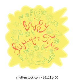 The Peace of Sand Summer Beach with Hand Drawn Lettering and Digitally Drawn Summer Vacation Items, Made in Turquoise Outline. Vector EPS 10