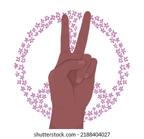 Peace semi flat color vector hand gesture. Editable pose. Human body part on white. Flower pacifism symbol cartoon style illustration for web graphic design, animation, sticker pack