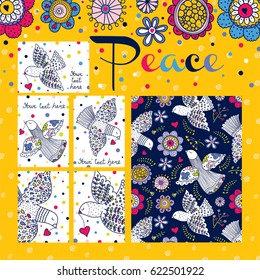 Peace! Set vector card. Birds, love and flowers.