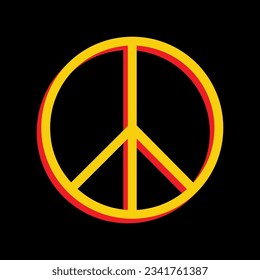 Peace sign. 3D Extruded Yellow Icon with Red Sides a Black background. Illustration.