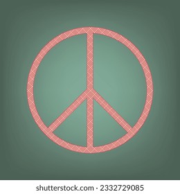 Peace sign. Apricot Icon with Brick Red parquet floor graphic pattern on a Ebony background. Feldgrau. Green. Illustration.