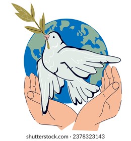 Peace sign banner design with dove with olive branch symbol. Peace and no war concept, flat vector illustration isolated on white background.