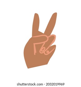 Cartel de paz con barba representativa de la mano de la raza africana LGBTQ dibujada. Simple avatar de dos dedos con estilo de dibujo plano. Diseño de redes sociales, empaque, afiches, postales, pegatinas.