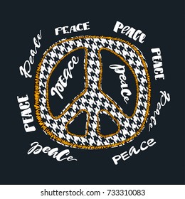 Peace sign. Bright embroidery and lettering in the style of hippies.