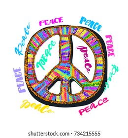 Peace sign. Bright embroidery and lettering in the style of hippies.