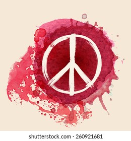 Peace Sign Brush Stroke On Red Water Color Ink Splat Background