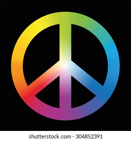 Peace sign with circular rainbow gradient coloring. Vector illustration on black background.