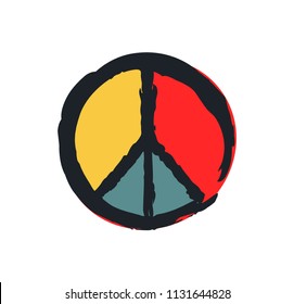 Peace Sign Colorful Drawing Isolated On White, Vector Illustration Of Hippie Symbolism, Different Color Elements And Dark Frame Design, Badge Layout