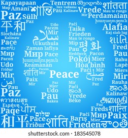 Peace sign consisting of the phrases "Peace" in different languages of the world (En, Ru, De, Es, Fr, It, Pl, Uk, Nl, Ro, Hu, El, Pt, Cs, Da, Fi, Hr, No, Is, Tr, Ka, Ar, Fa, He, Hi, Th, Zh, Ko, Ja..