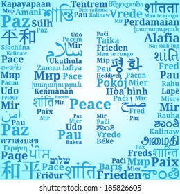 Peace sign consisting of the phrases "Peace" in different languages of the world (En, Ru, De, Es, Fr, It, Pl, Uk, Ron, El, Pt, Cs, Da, Fin, Hr, No, Is, Tr, Geo, Ar, He, Hi, Th, Chi, Ko, Jpn..