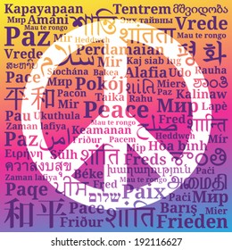 Peace sign consisting of the phrases "Peace" in different languages of the world on gradient background