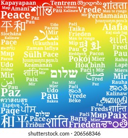 Peace sign consisting of the phrases "Peace" in different languages of the world on rainbow gradient background (the key word in the center of Hebrew)