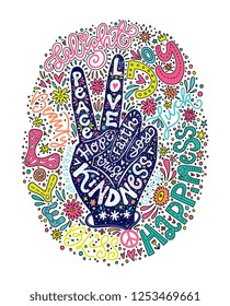 Peace sign creative lettering hand drawn design. Perfect for greeting card, t-shirt design. Hand silhouette with words peace, love, faith, unity, joy, kindness. Concept vector illustration.