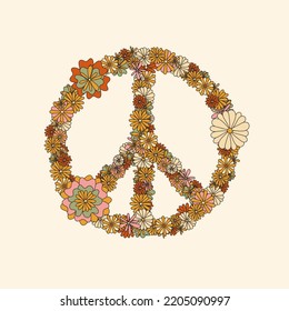 Peace sign decorated with flowers. Vector illustration of a groovy 70's style peace sign. Floral decoration in orange and pink colors
