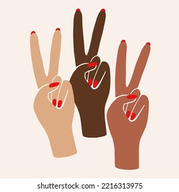 Peace Sign with different skin colors hands. Female hand with two fingers outward. Concept of the world. Vector supporting illustration. No racism, We are equal concept.