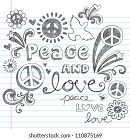 Peace Sign, Dove, and Love Sketchy Notebook Doodles Design Elements on Lined Sketchbook Paper Background- Vector Illustration