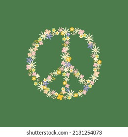Peace sign drawing. Positive illustration in hippie style. Natural the color scheme of flowers and leaves of which the sign symbolizes friendship between nations consists. Green, pink, yellow are used
