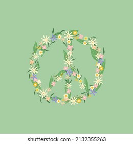 The peace sign is drawn using herbs, leaves and colorful flowers. Art in the form of a flower wreath, in the style of hippies and free peoples, friendship of peoples. Cool for social media and print.