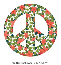 Peace sign filled with red flowers and leaves. Abstract flora lillustration. International sign of peace - circle. Cute flowers and green plants