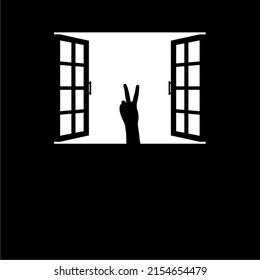 Peace Sign Fingers Hand (the 'V' Sign) on the Window Silhouette. The symbolism of the Peace, Stop War, No War or War is Over. Vector Illustration