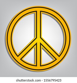 Peace sign. Flat orange icon with overlapping linear black icon with gray shadow at whitish background. Illustration.