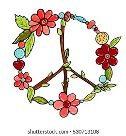 Peace Sign With Flowers In Boho Style. Vector Illustration.