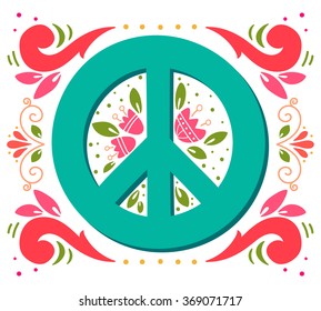 Peace sign with flowers and decoration elements. Anti-war symbol. This illustration can be used as a print on t-shirts and bags or as a poster.