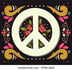 Peace sign with flowers and decoration elements. Anti-war symbol. This illustration can be used as a print on t-shirts and bags or as a poster.