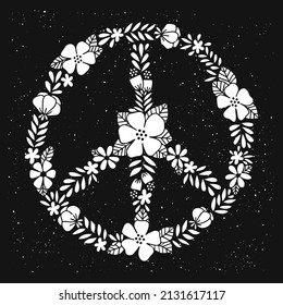 Peace sign and flowers vector  No war illustration  Hand drawn hippie symbol black background  Retro 60s    70s style  Floral wreath  Boho t shirt print  pacifism poster  sticker 