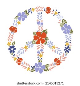 Peace sign with flowers vector. No war illustration. Hand drawn hippie symbol. Retro 60s - 70s style. Floral wreath. Boho t shirt print, pacifism poster, sticker.