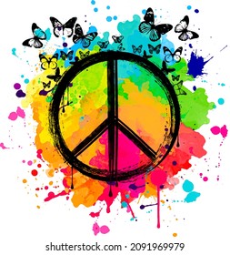 Peace sign in front of colorful splashes, butterfly over abstract colorful paintbrush splashes grunge background. Peace and love hippie symbol