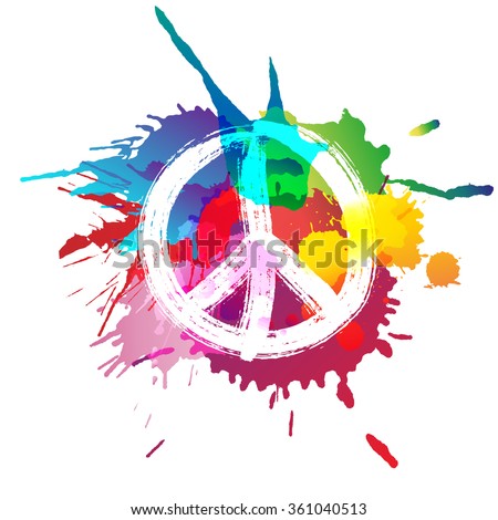 Peace sign in front of colorful splashes