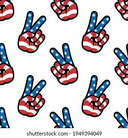 Peace sign. Gesture V victory or peace sign in the colors of the American flag, patriotic sign, seamless background