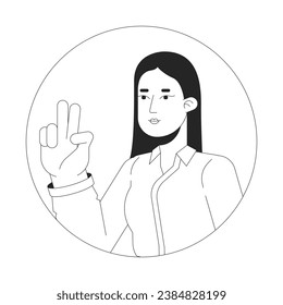 Peace sign girl asian with long straight hair black and white 2D vector avatar illustration. Korean lady selfie outline cartoon character face isolated. Gesture two fingers up flat user profile image