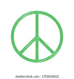 Peace sign. Green scribble Icon with solid contour on white background. Illustration.