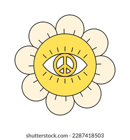 Peace sign in groovy vintage chamomile. Hippie style daisy. Hippy flower head brings positive and pacific vibe. Vintage cartoon nostalgia plant symbol. Trendy y2k funky floral pop culture. Vector eps