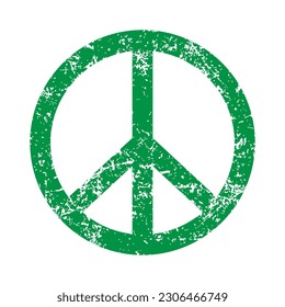 Peace sign with grunge texture. Antiwar symbol. Green hippie icon. Vector illustration image.