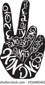 Peace sign hand with different attributes which makes up "peace"