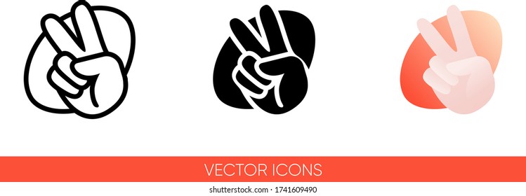 Peace sign hand with fingers on a red oval icon of 3 types: color, black and white, outline. Isolated vector sign symbol.