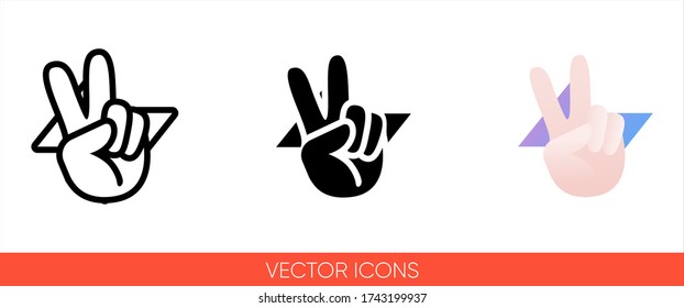 Peace sign hand with fingers on a background of lightning or triangles icon of 3 types: color, black and white, outline. Isolated vector sign symbol.