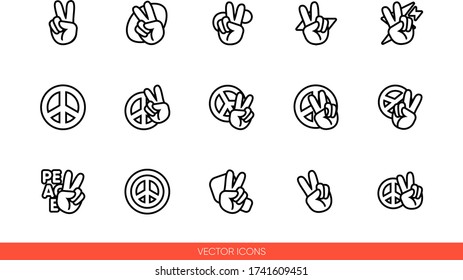 Peace sign hand with fingers and pacific sign, international symbol of peace, disarmament, antiwar movement icon set of outline types. Isolated vector sign symbols. Icon pack.