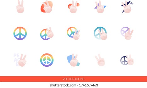 Peace sign hand with fingers and pacific sign, international symbol of peace, disarmament, antiwar movement icon set of color types. Isolated vector sign symbols. Icon pack.