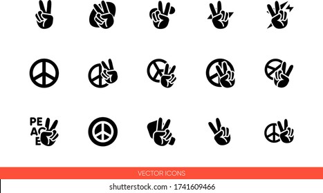 Peace sign hand with fingers and pacific sign, international symbol of peace, disarmament, antiwar movement icon set of black and white types. Isolated vector sign symbols. Icon pack.