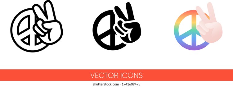 Peace sign hand with fingers & pacific sign, international symbol of peace, disarmament, antiwar movement in rainbow color icon of 3 types: color, black and white, outline. Isolated vector sign symbol