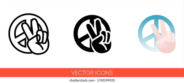 Peace sign hand with fingers and pacific sign, international symbol of peace, disarmament, antiwar movement in blue color icon of 3 types: color, black and white, outline. Isolated vector sign symbol.