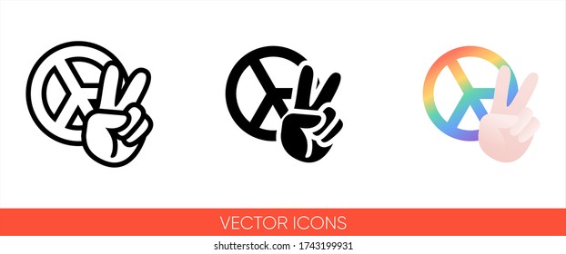 Peace sign hand with fingers & pacific sign, international symbol of peace, disarmament, antiwar movement in rainbow color icon of 3 types: color, black and white, outline. Isolated vector sign symbol