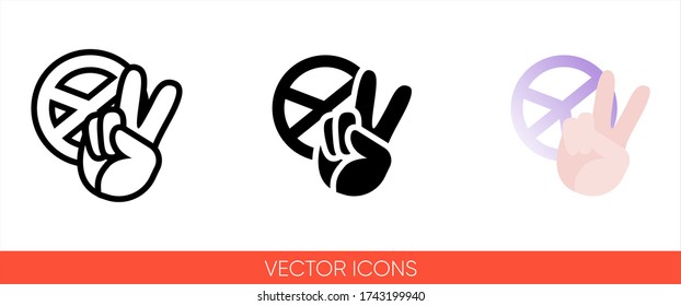 Peace sign hand with fingers & pacific sign, international symbol of peace, disarmament, antiwar movement in purple color icon of 3 types: color, black and white, outline. Isolated vector sign symbol.